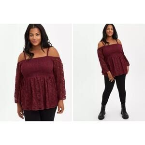 Torrid Burgundy Babydoll Lace Smocked Cold Shoulder Top Size 2 Plus Size